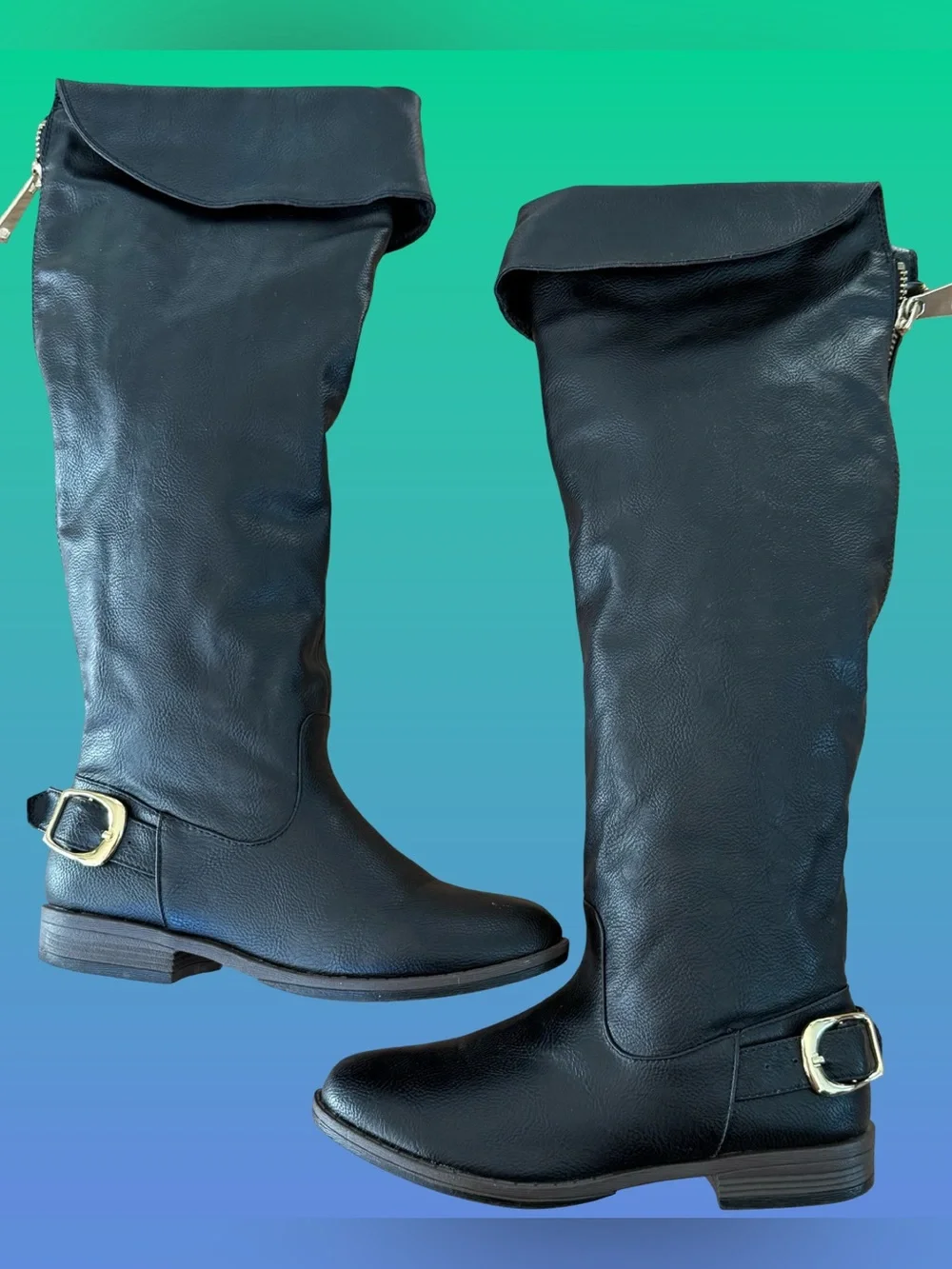 BAMBOO Black Knee-High Boots with Gold Hardware